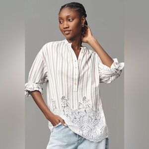 ANTHROPOLOGIE PILCRO Long Sleeve Striped Lacey Tunic in White Size S